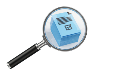 Magnifying glass over stack of documents with checklist icon