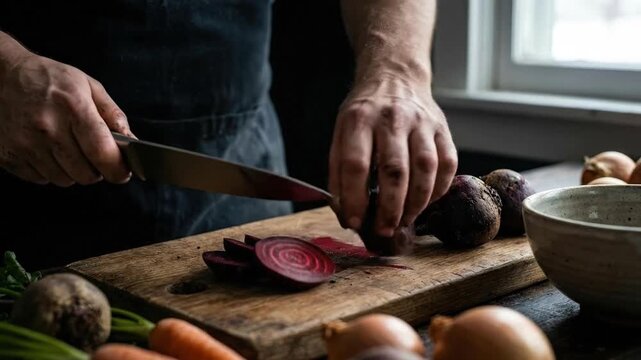 Close-up of man's hands slicing fresh organic red beets on rustic wooden cutting board with vegetables nearby