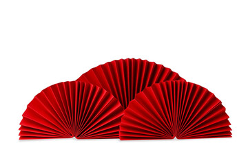 Three red paper fans arranged in an elegant display, isolated, PNG