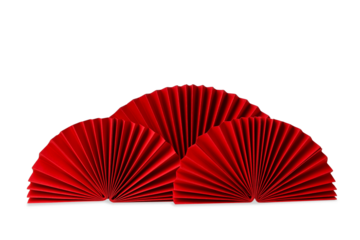 Three red paper fans arranged in an elegant display, isolated, PNG