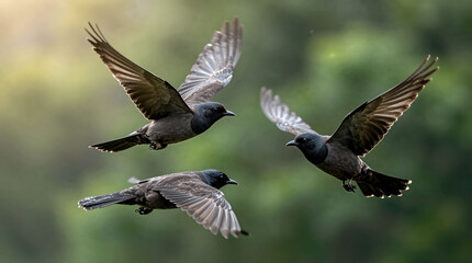 Fototapeta premium Three birds in flight against green blurred background