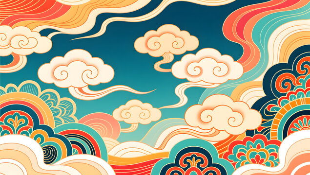 Flowing cloud patterns with traditional Chinese motifs