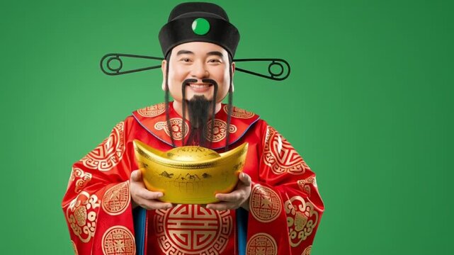 Smiling Chinese God of Wealth Caishen Holding Gold Ingot on Green Screen