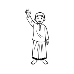 Obraz premium Muslim Boy in Traditional Koko Shirt and Sarong Waving Hand Line Art