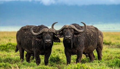 Obraz premium Two African Buffaloes Standing Together in a Grassy Field Under a Blue Sky.