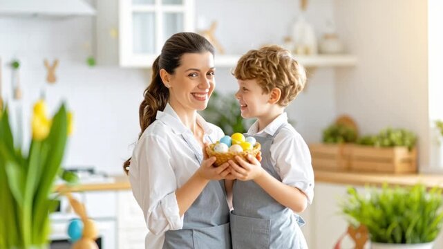 Mother and son decorating Easter eggs in kitchen