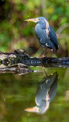 Fototapeta premium A stunning shot of a heron perched on a branch, its reflection perfectly mirrored in the still, green water. The bird is facing left