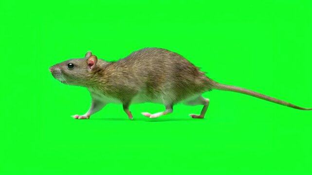 A small, brown common rat with a long tail is captured walking calmly from left to right on a vivid green screen.