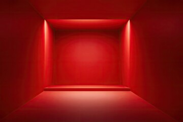 A vibrant, geometric red room with a recessed platform and overhead lighting creating a dramatic effect