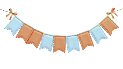 Bunting with purple and coral flags, tied with bows