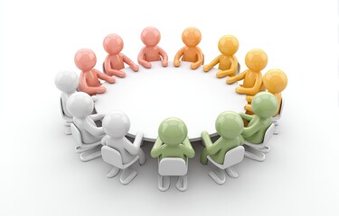 Cartoon figures of various colors seated around a large circular white table
