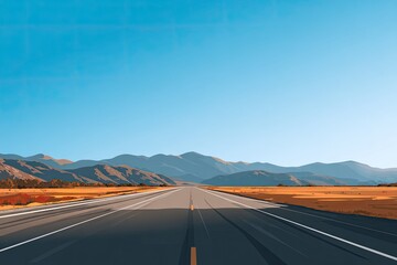 Illustration of a long road stretching toward distant mountains under a bright blue sky