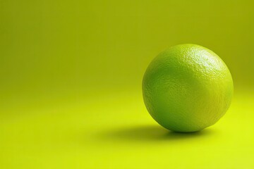A single green citrus fruit on a vibrant matching background, with strong shadows and smooth skin