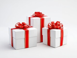 Three white gift boxes with red ribbons and gold edges, on a bright white background