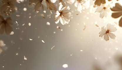 Soft focus image of falling white flowers and petals illuminated by warm, golden light