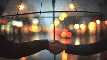 Fototapeta premium Rainy Date Handshake under Umbrella with Heart Bokeh