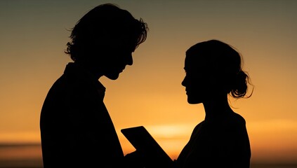Silhouetted couple at sunset intently looking at a tablet, bathed in warm orange light