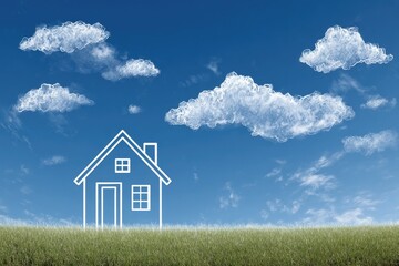 A white sketched house on a green field under a blue sky with fluffy white clouds