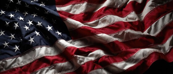 Close-up of a textured fabric featuring alternating red and white stripes, and a star-studded blue field
