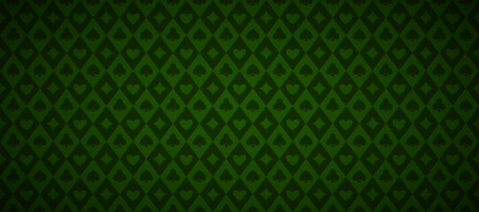 Green playing cards pattern background. Retro poker or casino table theme wallpaper. Vintage spades, hearts, diamonds, clubs symbols backdrop. Vegas gambling concept texture. Vector