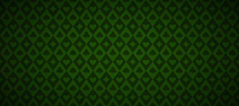 Green playing cards pattern background. Retro poker or casino table theme wallpaper. Vintage spades, hearts, diamonds, clubs symbols backdrop. Vegas gambling concept texture. Vector