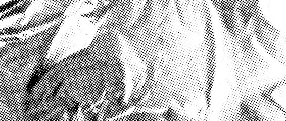 Aged halftone wrinkled foil overlay. Dotted crumpled metallic texture. Old rough creased bitmap background. Pixel creasy surface in comic pop art style. Grainy cartoon gritty paper wallpaper. Vector