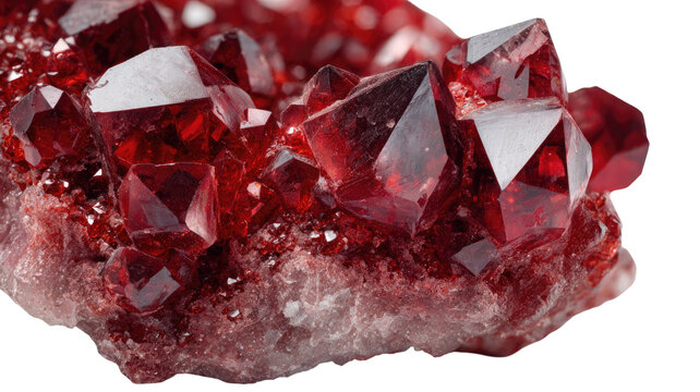 Red crystal mineral gemstone cluster macro texture natural geological specimen high detail studio lighting isolated on white background