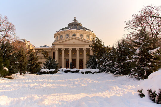 Romanian Athenaeum in winter landscape in Bucharest