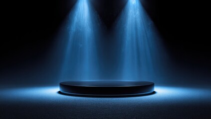 Illuminated black platform in a darkened space, focused with bright blue spotlights
