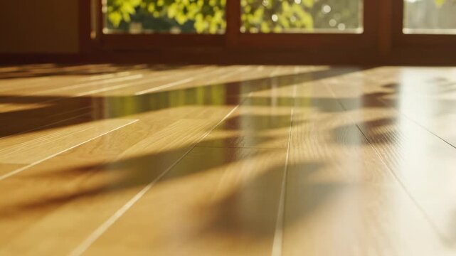 Wooden Floor Reflection: Natural sunlight dances across a polished wooden floor, casting shadows that accentuate the grain and texture, creating a sense of warmth and understated elegance.