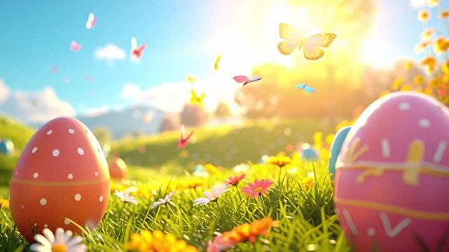 Easter eggs sit in sunny grass with flowers and butterflies