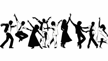 Diverse group of people dancing energetically in silhouette.