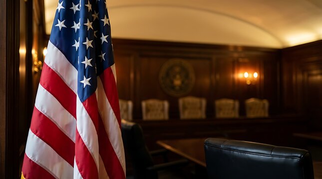 American flag hanging in courtroom setting with wooden panels and official seal background representing law justice government authority and legal proceedings in United States federal building