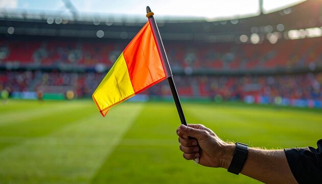 Assistant referee holding offside flag on football pitch at sunset, capturing authority, decision making, fairness, control, decisive moment that changes the outcome of a professional soccer match