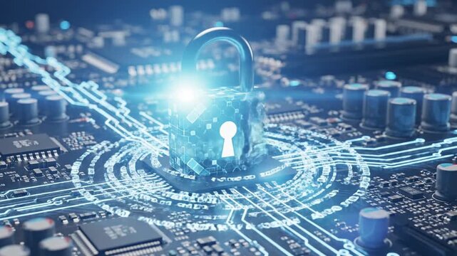 Digital security padlock glowing on a circuit board representing data protection and cybersecurity