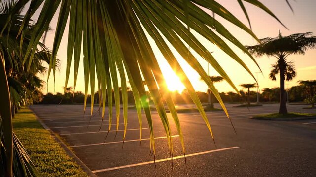 Sunset View Through Palm Fronds: Capturing the beauty of the twilight sky as the sun descends, framed by the intricate patterns of palm fronds in the foreground.