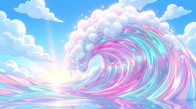 Ocean wave with clouds pastel colors digital illustration ethereal aesthetic holographic dreamy sky nature sun light foam iridescent gradient - Powered by Adobe
