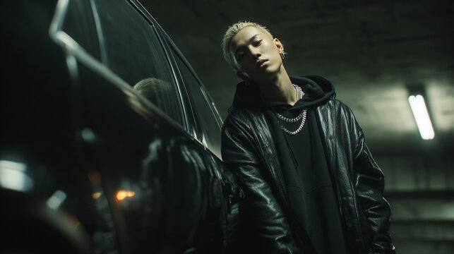 Japanese male rapper style model, wearing silver moissanite chain & rings, black leather jacket, posing beside black car in underground parking, moody lighting, hip-hop luxury vibe, minimal expression