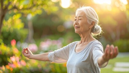 Fototapeta premium Senior woman practicing gentle yoga and meditation in a peaceful garden during morning light, symbolizing active aging, mindfulness, inner peace, mental wellness, healthy lifestyle, relaxation