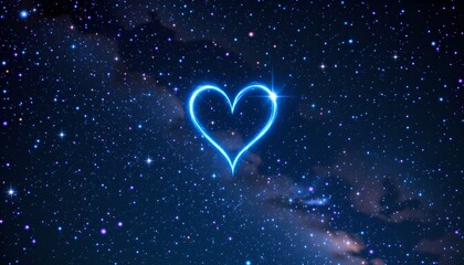 A heart symbol in blue light against a starry night sky filled with bright stars and nebulous clouds