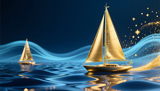 Golden sailboat sailing in ink tech sea background