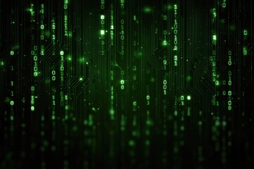 Digital rain of green binary code against a backdrop of a circuit board
