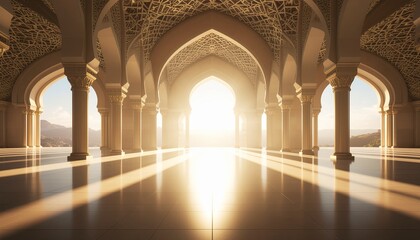 Fototapeta premium Dramatic wide shot of golden light streaming through symmetrical arches inside a majestic islamic hall.