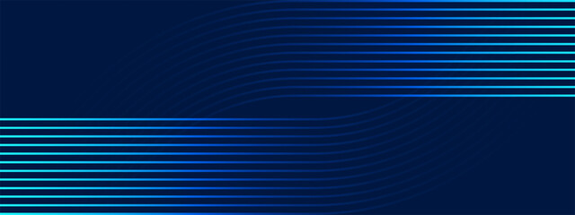 Dark blue abstract background with flowing horizontal neon lines and smooth wave motion, creating a futuristic and high tech visual for digital and corporate design.