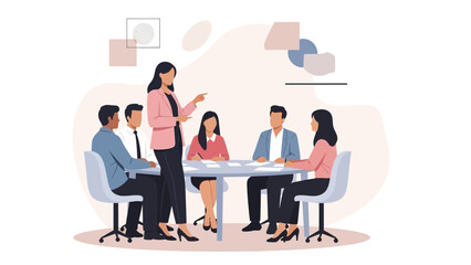 Obraz premium Business Meeting - Woman Leading Team Discussion Around Table
