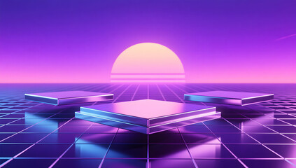 Vaporwave style retro futuristic city with purple sunset