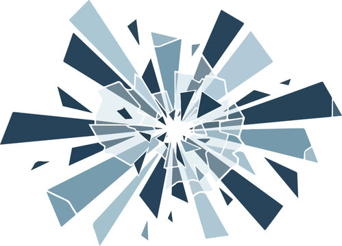 Abstract shattering blue glass fragments radiating outwards, symbolizing impact, disruption, and dynamic change