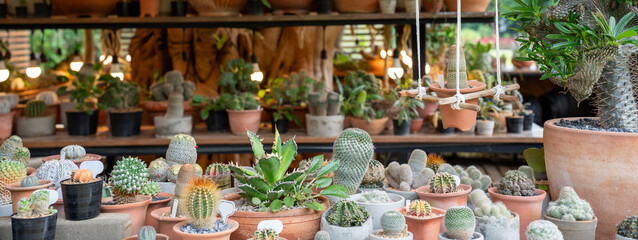 Collection of various cactus and succulent plants in white ceramic pots on a wooden shelf in a bright greenhouse nursery. Small garden decoration and hobby lifestyle concept with soft focus. © Yellow Boat