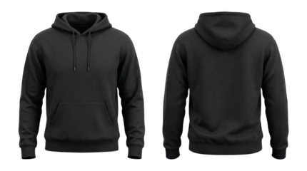 Very standard model blank black pullover hoodie front and back view, for mockup. Isolated on transparent background.
