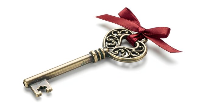 Vintage key with red ribbon tied ornately isolated on white